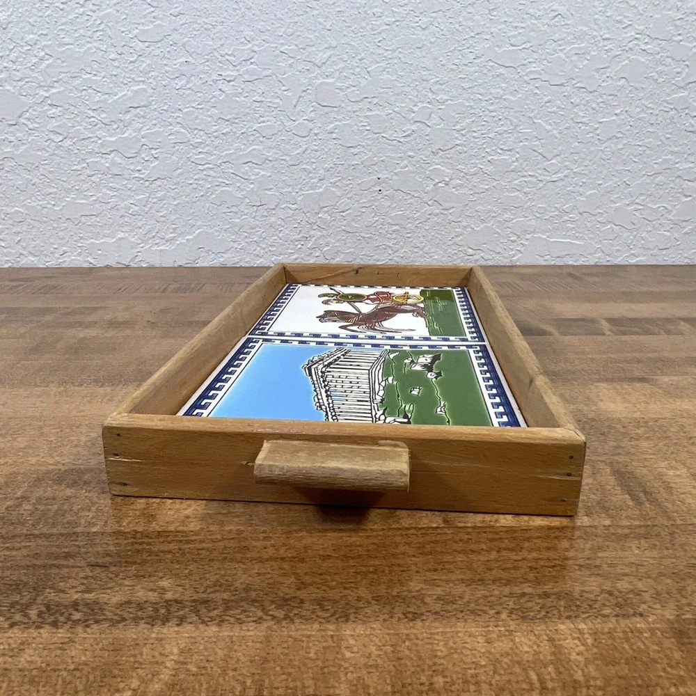 Vintage Greek Ceramic Tile‎ Art Trivet w/ Wood Frame Wooden Tray